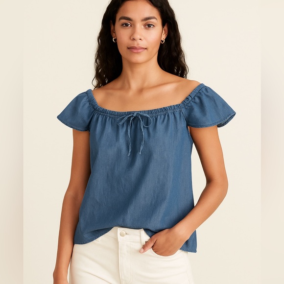 J.Crew Chambray Top XS Blue Denim Ruffle Sleeve Summer Blouse - Picture 1 of 8